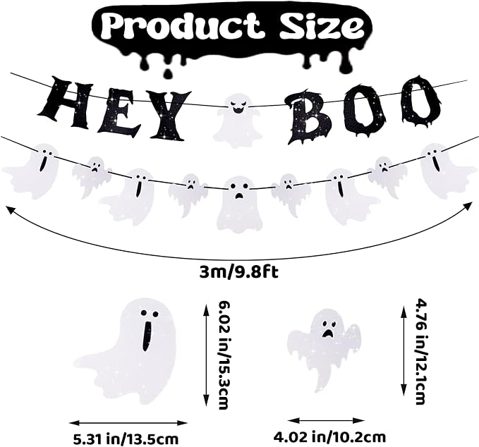 Ghost Banner Hey Boo Halloween Decorations, Pre-Strung Glitter Halloween Banner - Image 2
