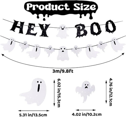 Ghost Banner Hey Boo Halloween Decorations, Pre-Strung Glitter Halloween Banner - Image 2