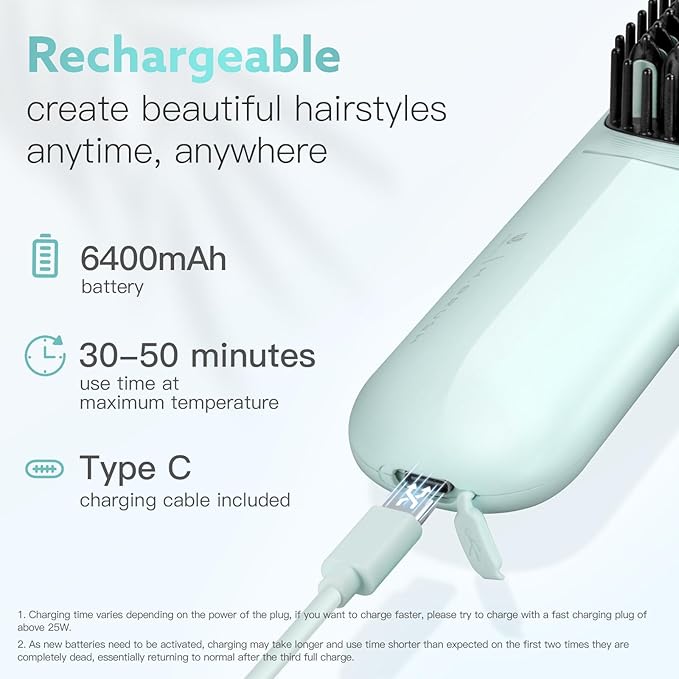 Cordless Hair Straightener Brush - Webeauty Portable On-The-Go Straightener for Women | USB Rechargeable, Fast Heating, 200M Negative Ions, 6400mAh, Perfect for Daily Commute & Short Trips (Ice Blue)