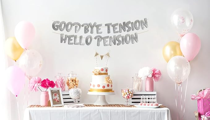 Pre-Strung Goodbye Tension Hello Pension Silver Glitter Banner - Image 2