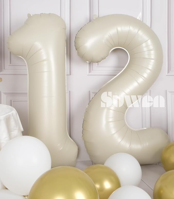 SUWEN 40 Inch Cream White Large 12 Number Balloons Big Foil Helium Number - Image 4