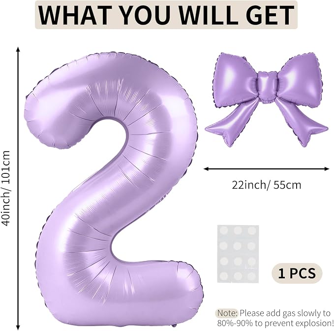 40 Inch Number 2 Balloon with Bow, Coquette Aesthetic Foil Balloon - Image 2