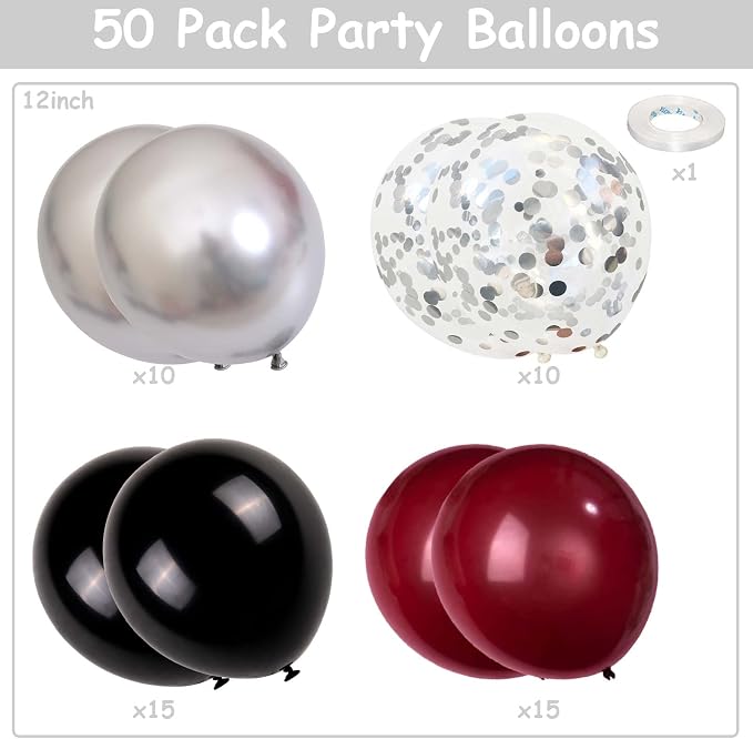 Balloons Burgundy Black Silver, Wine Red Black Party Balloon Maroon Metallic - Image 2