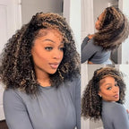 Kinky Curly Half Wig Human Hair 250% Density Wear Go Glueless Wigs Human Hair Curly 3 In 1 Half Wigs for Women Drawstring Seamless Flip Highlight Blonde Headband Wig Beginner Friendly (18 Inch)