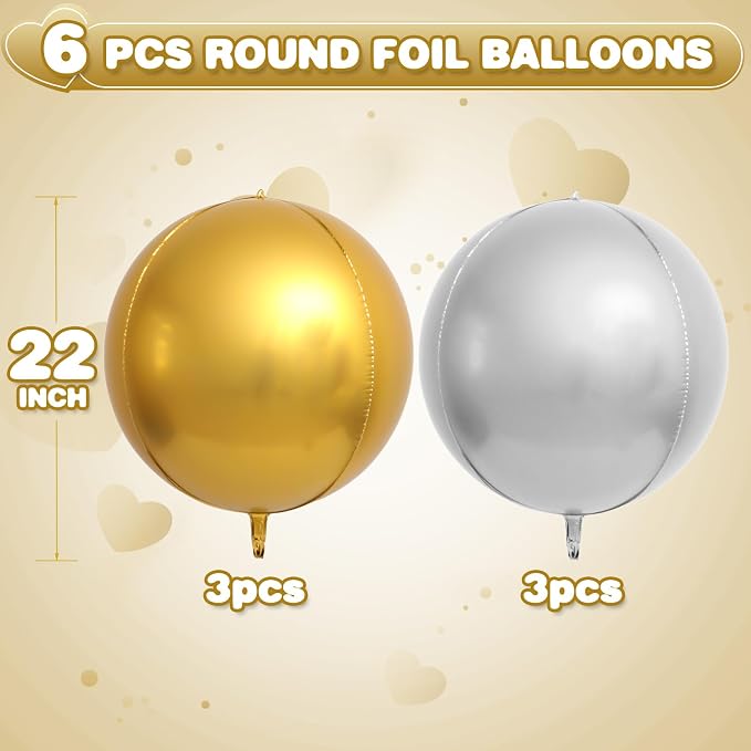 6Pcs Gold Silver Round Foil Balloons, Giant 4D Round Ball Balloons, 22 Inch - Image 2