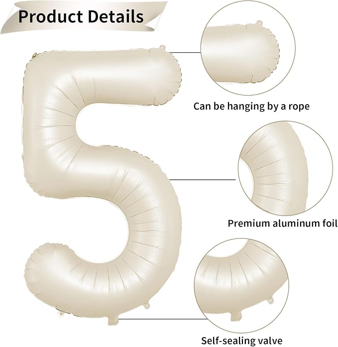 40 Inch Cream Number 5 Balloon, Digital 5 Cream White Giant 5 Foil Balloon - Image 3
