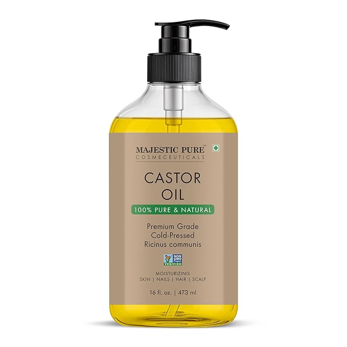 Majestic Pure Castor Oil - 100% Pure & Natural - Premium Grade, Cold Pressed, Hexane Free - Hair, Eyelashes, Eyebrows, Nails - Moisturizing & Nourishing - 16 Fl Oz