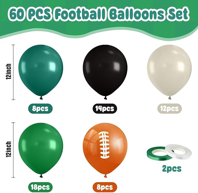 60PC Football Balloons Set, 12Inch Dark Green Black Retro Ivory White Latex - Image 2