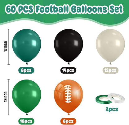 60PC Football Balloons Set, 12Inch Dark Green Black Retro Ivory White Latex - Image 2