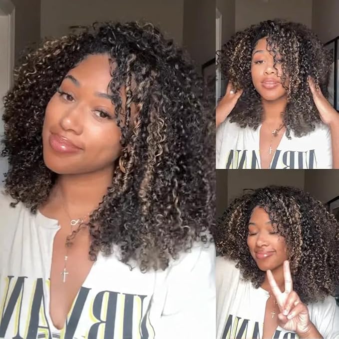 250% Density Kinky Curly Half Wig Human Hair Glueless Wigs Upgrade 3 IN 1 Highlight 1b/27 Half Wig With Drawstring Seamless Clip Ins Flip Over Kinky Curly Human Hair No Glue No Lace 20 Inch