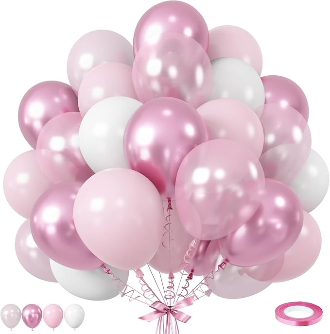 Pink Balloons Set, 12 Inch Metallic Light Baby Pink and White Balloon, by TAOYE