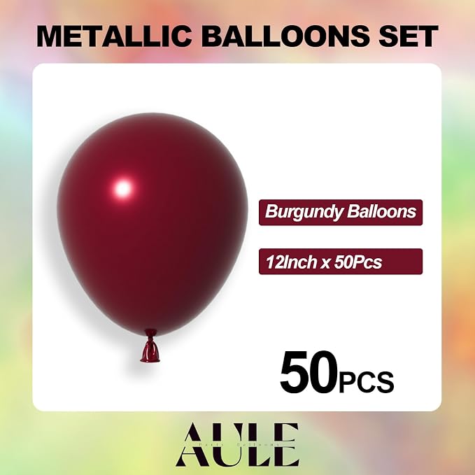 AULE 50Pcs Metallic 12 Inch Burgundy Maroon Latex Balloons | Maroon Shiny - Image 5