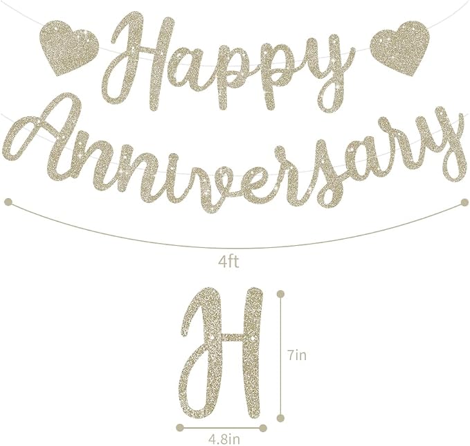 BEISHIDA Pre-Strung Champagne Happy Anniversary Banner Wedding Decor | Glitter - Image 2