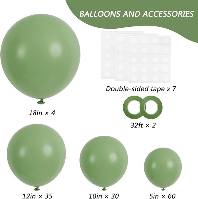 RUBFAC Sage Green Balloons Different Size Dusty Green Balloon 129pcs | Balloon - Image 2