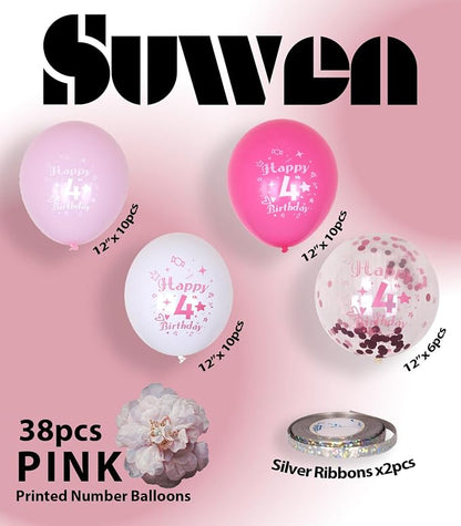 SUWEN Pink 4th Number Printed Balloons 38PCS 12 Inch | 1-9 Latex Balloons Happy - Image 5