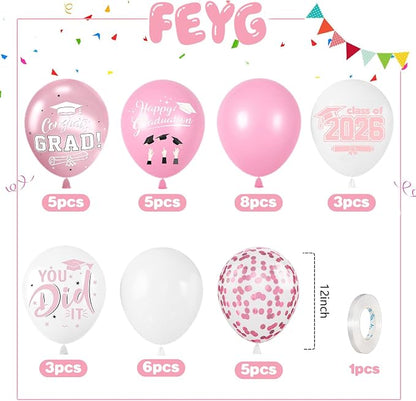 Pink Graduation Balloons, 12 Inch Pink and Rose Gold Printed 2026, You DID IT - Image 2