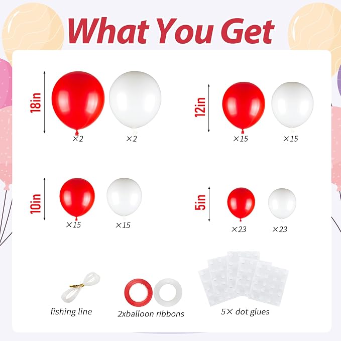 110pcs Red and White Balloons Garland Arch Kit, 18/12/10/5 Inch Balloons | - Image 2