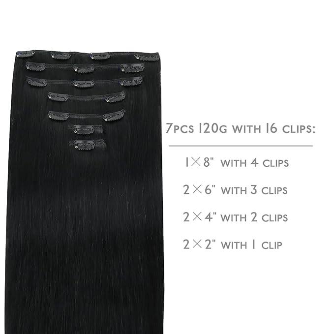 WENNALIFE Clip in Hair Extensions Real Human Hair, 22 Inch 120g 7pcs Jet Black Hair Extensions Clip in Human Hair Remy Clip in Hair Extensions Natural Human Hair Extensions Double Weft