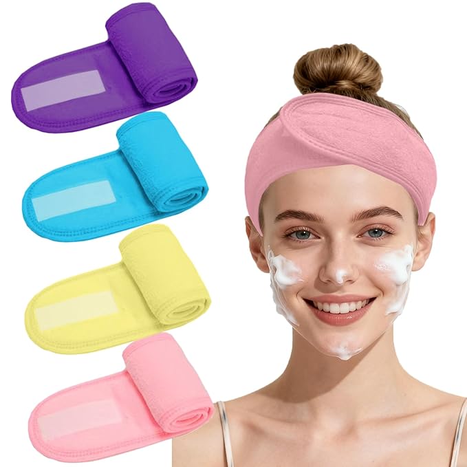 4 Pack Adjustable Makeup Headbands – Non-Slip Spa & Facial Hair Wrap, Washable Headband for Shower, Yoga, Gym, Salon & Home Use (Fits All), HZFD-AB