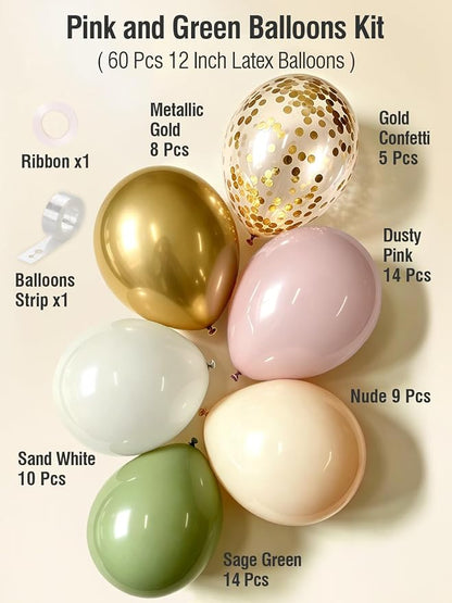Pink and Green Balloons 12 Inch 60 Pcs Sage Green Dusty Pink Sand White - Image 3