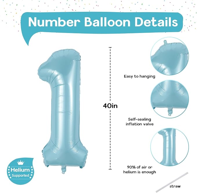 Light Blue 1 Balloon Number for 1st Birthday, 40 Inch Large Number Foil Balloons - Image 2