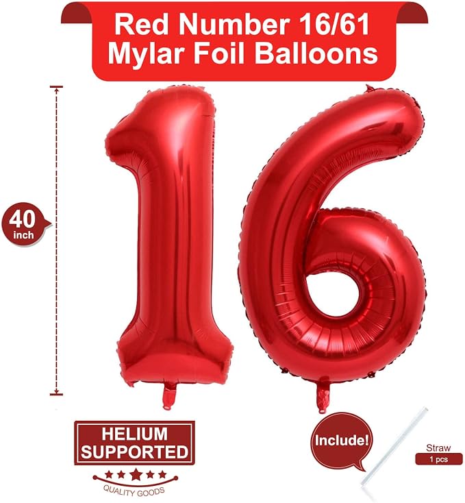 40 Inch Red 16 Number Balloons Giant 16 or 61 Balloons Red Birthday 16 Balloons - Image 2