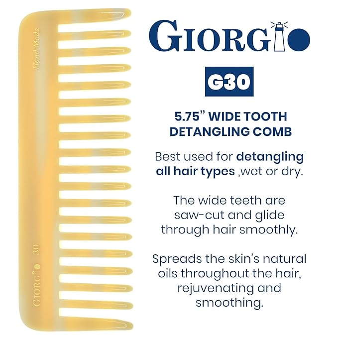 Giorgio G30 Large 5.75 Inch Hair Detangling Comb, Wide Teeth for Thick Curly Wavy Hair. Long Hairs Detangler Comb For Wet and Dry. Handmade of Cellulose, Saw-Cut, Hand Polished, Ivory 3 Pack