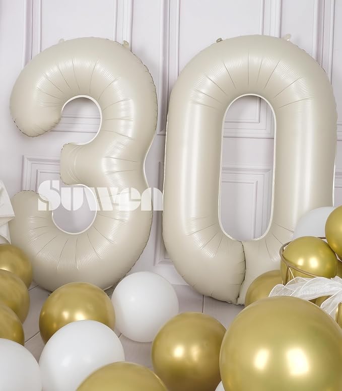 SUWEN 40 Inch Large Cream White 30 Balloon Numbers Big Foil Helium Number - Image 4