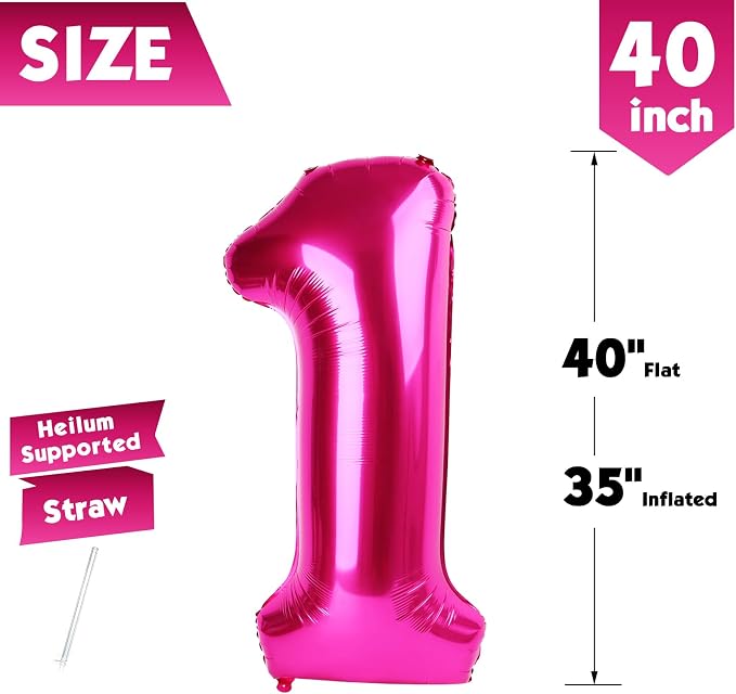 40 Inch Hot Pink Number 1 Balloon, 1st Birthday Party Decorations | 40 Inch Hot - Image 5