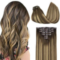 GOO GOO Clip in Hair Extensions Real Human Hair, Remy Human Hair Extensions Clip ins for Women, Natural Human Hair, 18inch 110g 7Pcs, 4/27/4 Balayage Chocolate Brown to Caramel Blonde