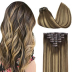 GOO GOO Clip in Hair Extensions Real Human Hair, Remy Human Hair Extensions Clip ins for Women, Natural Human Hair, 18inch 110g 7Pcs, 4/27/4 Balayage Chocolate Brown to Caramel Blonde