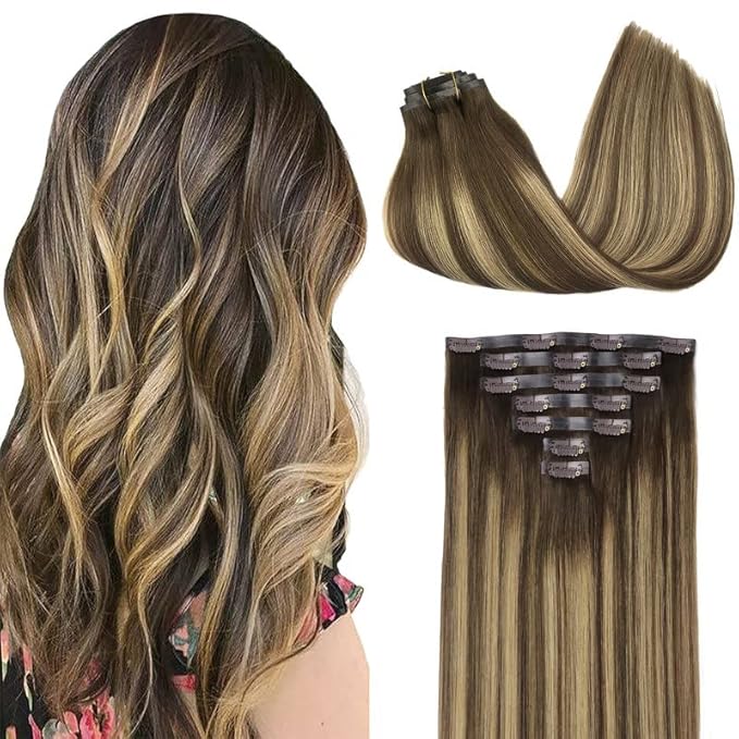 GOO GOO Clip in Hair Extensions Real Human Hair, Remy Human Hair Extensions Clip ins for Women, Natural Human Hair, 20inch 110g 7Pcs, 4/27/4 Balayage Chocolate Brown to Caramel Blonde