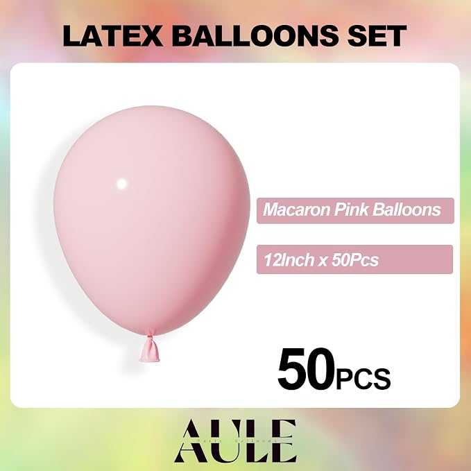 AULE 50Pcs Latex 12 Inch Macaron Pink Balloons Light Pink | Helium Party Happy - Image 2