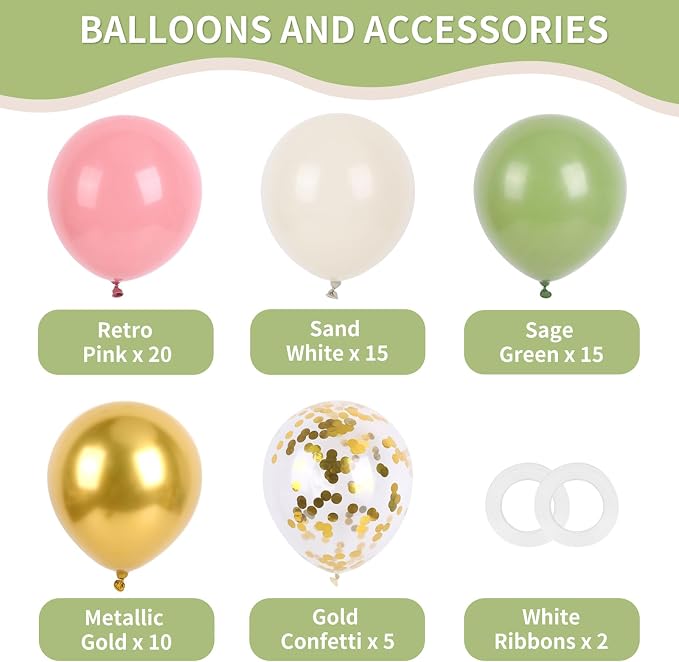 RUBFAC Pink and Sage Green Balloons, Party Easter Balloons Metallic Gold - Image 2