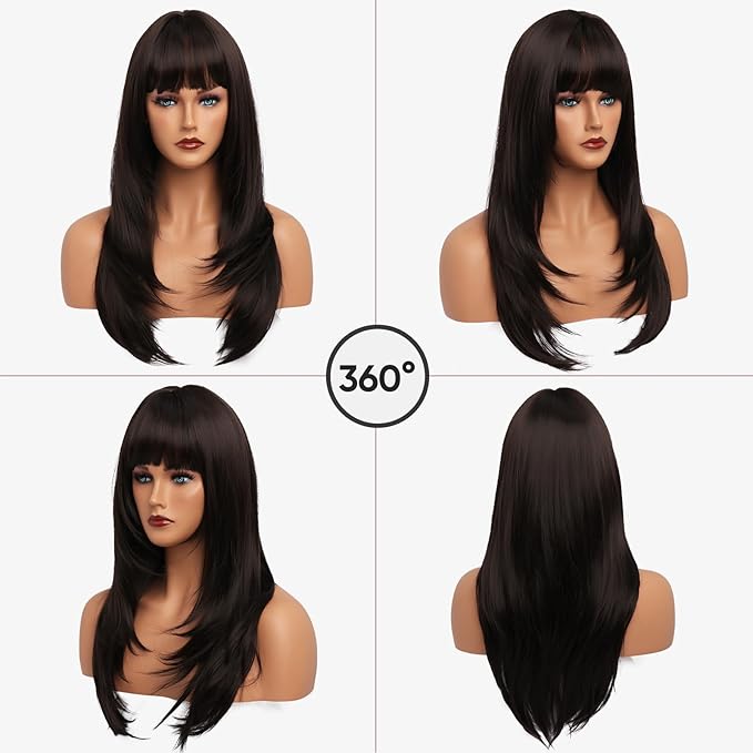 Brown Wig With Bangs Long Wavy Straight Wig with Layered Hair Synthetic Heat Resistant Wigs for Women Daily Party Use 26 Inches