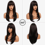 Brown Wig With Bangs Long Wavy Straight Wig with Layered Hair Synthetic Heat Resistant Wigs for Women Daily Party Use 26 Inches