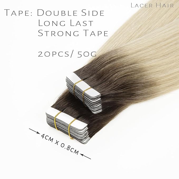 Lacer Tape in Hair Extensions Human Hair Dip Dyed Ombre Darker Brown to Platinum Blonde Seamless PU Skin Weft Natural Hair 20 Inch Invisible Tape in Human Hair Extensions Double Side 50g 20pcs/set