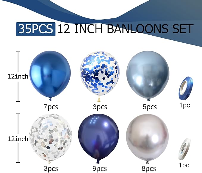 Blue Silver Balloons 12 Inch Blue and Silver Balloons Dark Navy Confetti Latex - Image 4