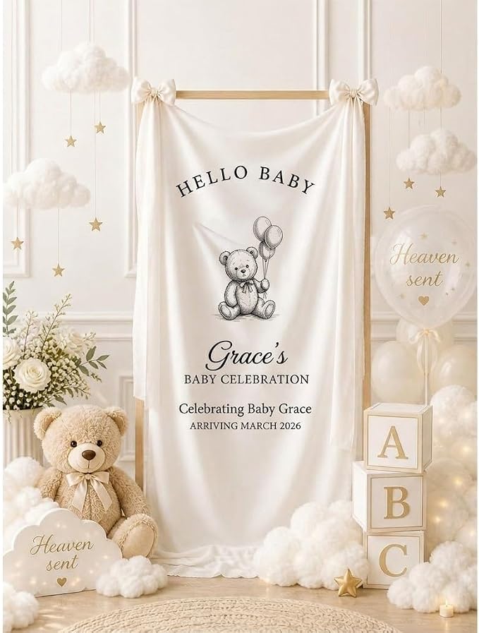 Personalized Baby Shower Fabric Welcome Sign Bear Hello Baby Linen Backdrop | - Image 3