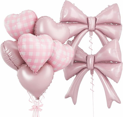 Pastel Pink Bow Balloons & Checkered Heart Foil Balloon Set, Coquette Birthday by Paeyeq