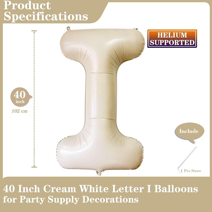 Lovoir 40 Inch Cream White Letter I Balloons, Unisex Adult, Self Sealing - Image 2