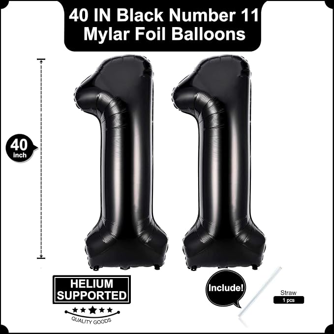 40 Inch Black 11 Balloons Giant Number 11 Balloons Black 11 Birthday Balloons - Image 2