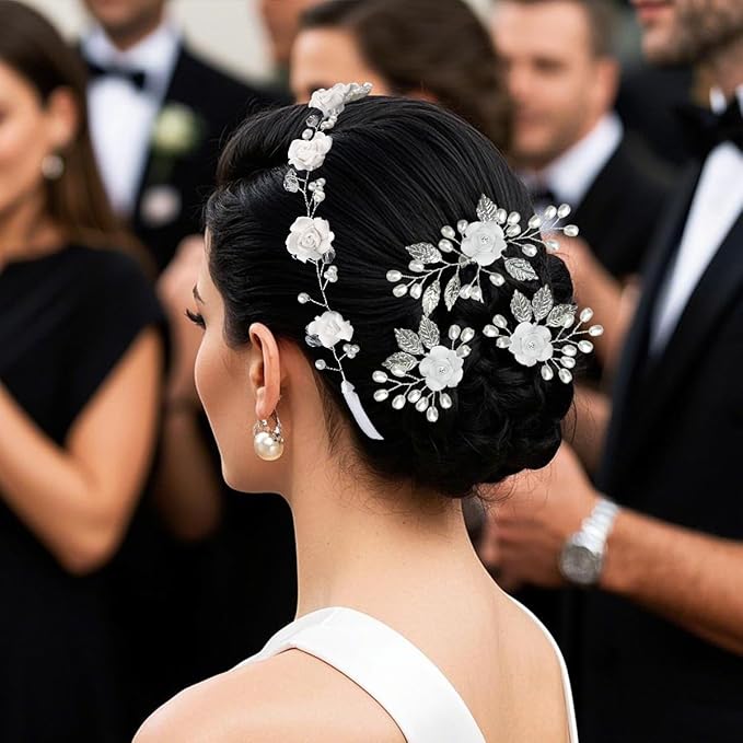Wedding Hair Accessories Hair pieces Set Crystal bridal hair pins Rhinestone Pearl Hair comb Brides and Bridesmaids, Girls, Women(（4PCS/SET SILVERY)