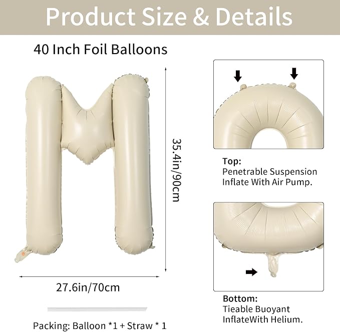 Biapian 40 Inch Letter M Balloons, Giant Cream M Foil Balloon, Big Single - Image 2
