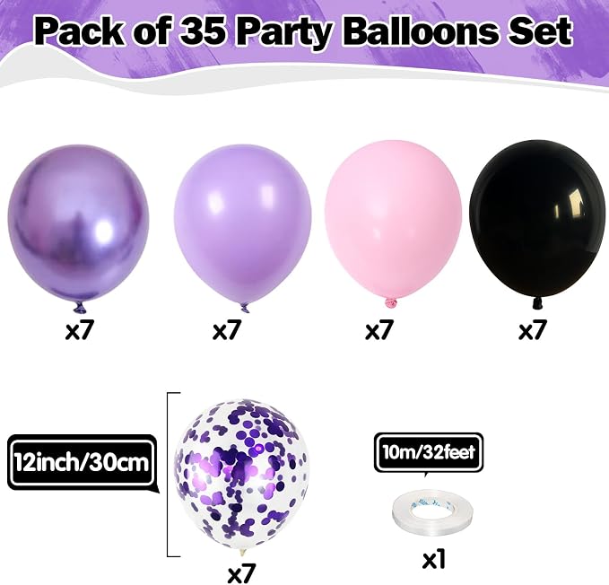 Purple Pink Balloons 12 Inch Purple Pink Black Balloons 35 Pcs Mermaid - Image 2