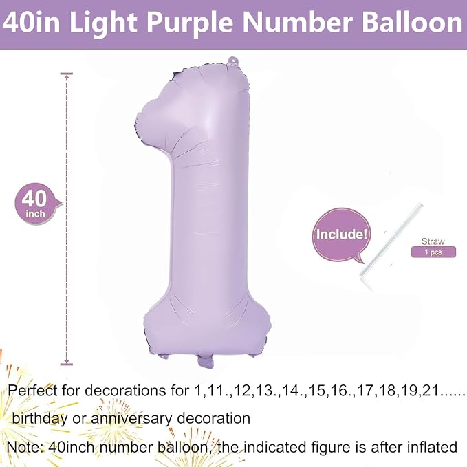 40 Inch Purple Number Balloons Light Purple 1 Balloon Matte Purple Birthday - Image 2