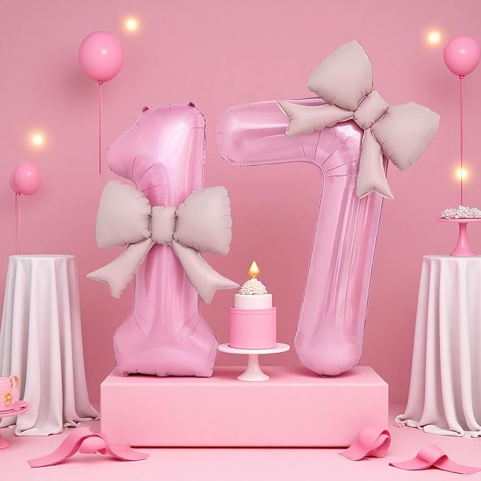Bow Pink 7 Balloons, 40 Inch Giant Pink Bow Helium Foil Number 7 - Image 6