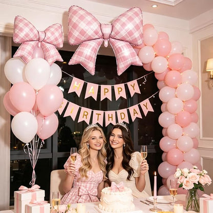Pink Plaid Bow Balloons, 38 Inch Pink Giant Gingham Checkered Bowknot Foil - Image 4