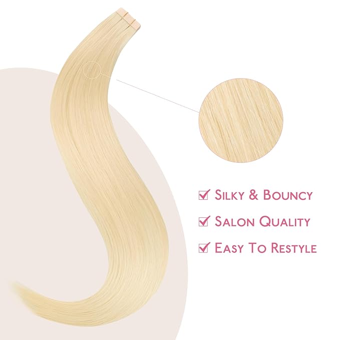 Wennalife Platinum Blonde Tape In Hair Extensions, 10pcs 25g 18 inch Remy Invisible Tape Ins Straight Soft Real Human Hair Tape In Extensions Refill Set Extensions