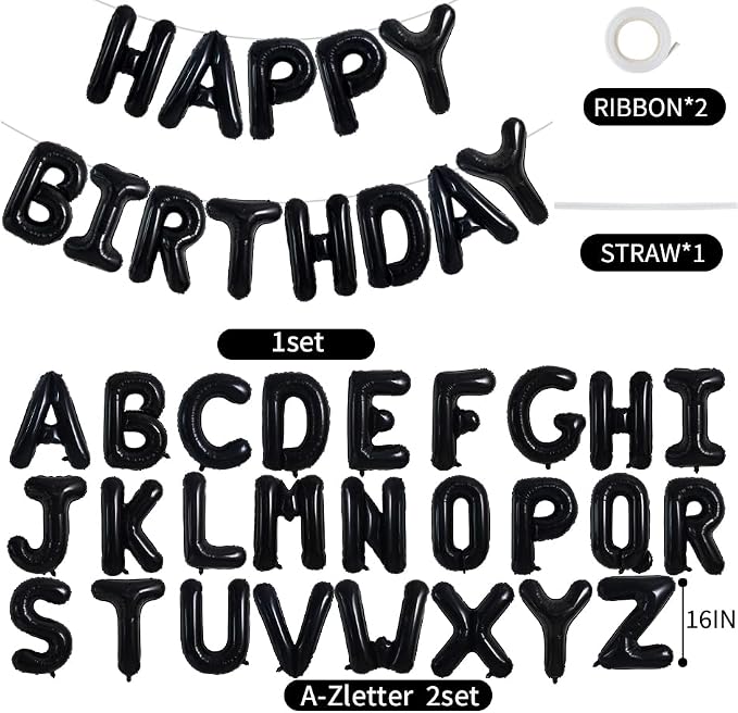 TONIFUL 65 Pcs 16 Inch Black Happy Birthday Balloons and 2 Sets A-Z Foil - Image 2